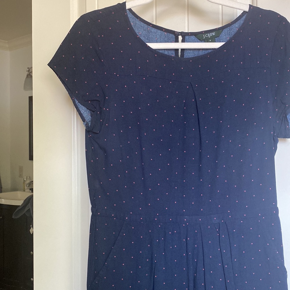 J Crew Navy Dress w/ Red Polka Dots & Pockets